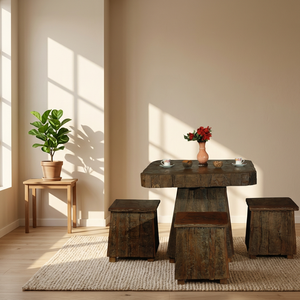 <b>Rustic</b> Solid <b>Wood</b> Restaurant <b>Tables</b> with 4 Stools Set Antique Design for <b>Dining</b> Commercial Use Handcrafted Wholesale Indian Expo - Product Image 3