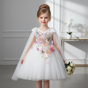 Abiti da Principessa per Bambine con Ricamo Floreale Bianco, Vestiti da Cerimonia per Feste di <span class=keywords><strong>Compleanno</strong></span> e Matrimoni - Product Image 3