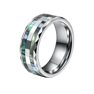Customized 8mm Multi-faceted Tungsten Carbide Ring Shell Abalone Inlay Silver Men Women Wedding Bands Rings Jewelry