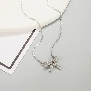 RINNTIN GSN001 Elegant Bow Jewelry Genuine 925 Sterling Silver Bow Knot Necklace With White Cubic Zirconia Bow Pendant