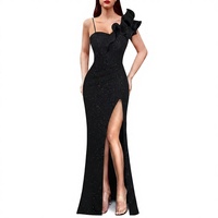 Robe longue sirène noire à paillettes, asymétrique à une épaule, avec volants et fente haute, pour femme, sexy et élégante, pour soirée, bal de promo, cérémonie, sur mesure OEM/ODM