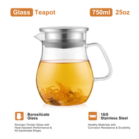 Vente en gros de théières en verre borosilicate de 750 ml avec couvercle en acier inoxydable, théière en verre résistant à la chaleur, logo personnalisé en cadeau