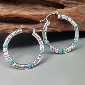 Pendientes de Aro con Grabado en Color Turquesa Vintage, Pendientes Grandes de Estilo Tribal para Mujer - Product Image 3