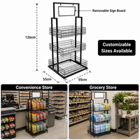 Étagère de présentation à 3 niveaux en fil métallique avec porte-panneau, support métallique pour supermarché, magasin de détail, présentoir de snacks mobile avec roulettes