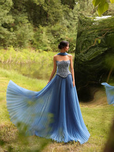 Ruolai ชุดพรอมสำหรับผู้หญิงยาวถึงพื้นสีฟ้าอ่อน WL126มีผ้าจีบเข้ากับผ้าพันคอและชุดงานปาร์ตี้ - Product Image 6