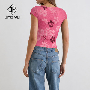 Nueva Camiseta de Verano con Estampado Playero, Cuello Redondo y Manga Corta, Camisetas de Rayón Acanalado Personalizadas para Mujer - Product Image 3