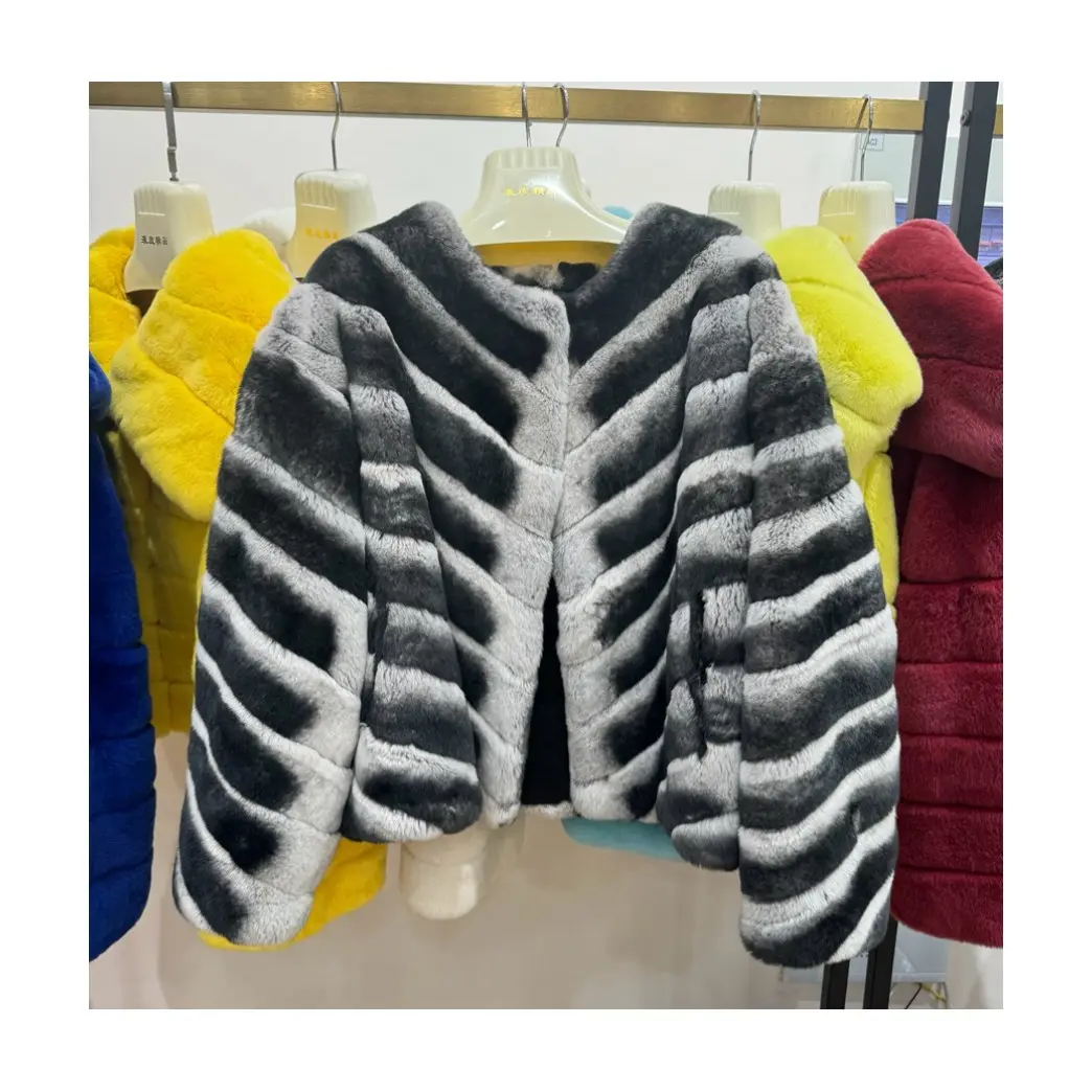 RXファー高品質厚手暖かい冬のホットセール長袖フリーサイズチンチラファージャケット女性本物のレックスラビットファーコート
