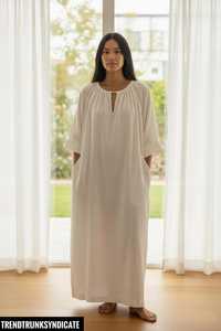 Vestido Maxi Caftán Premium para Mujer, Transpirable, Cómodo, Estilo Étnico Indio, Tradicional, para Fiesta, Ecológico, de Lino/Algodón - Product Image 5