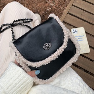 Bolso Bandolera de Mujer, Estilo Saddle, Color Negro, Cadena, Lana de Cordero, para Uso Diario, Estilo Ins - Product Image 1