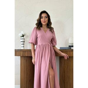 Vestido largo de muselina rosa palo al por mayor, con cuello en V, estilo cruzado, holgado, transpirable, para uso diario informal. - Product Image 2