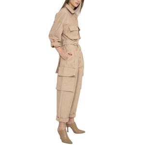 ชุดสูทลำลองผู้หญิงแบบสองชิ้นสั่งทำจากโรงงาน เสื้อเชิ้ตติดกระดุมสองกระเป๋า กางเกงคาร์โก้ขายาวทรงกว้าง ชุดผ้าลินินสำหรับผู้หญิง - Product Image 3