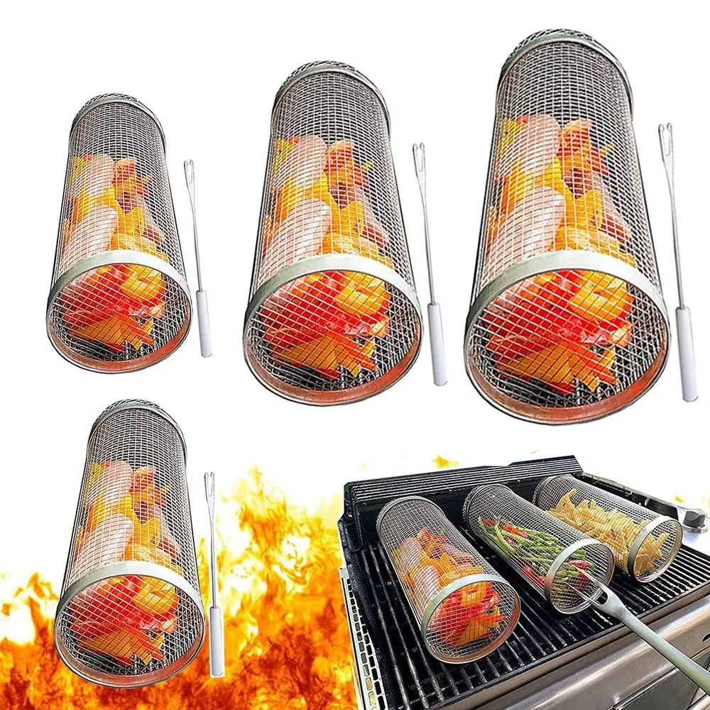 Hot Sale Portable BBQ Net Tube Barbecue Tube Rolling Grilling Stainless Steel Cylinder Grill Basket