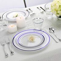 Assiettes de fête en plastique, bord blanc et bleu, jetables, 7,5/10,25 pouces, dessert, apéritif, élégantes, fantaisie, résistantes, assiettes de mariage