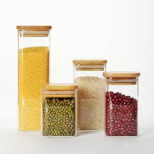 Bocal de rangement pour la cuisine moderne avec couvercle carré en bambou, verre scellé, affichage créatif culturel pour le stockage des aliments, ornements de maison - Product Image 3
