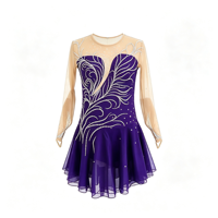 Robe de patinage artistique pour enfants et adultes, violet foncé, tissu en maille, manches longues, strass, jupe en tulle fluide pour la compétition et la performance
