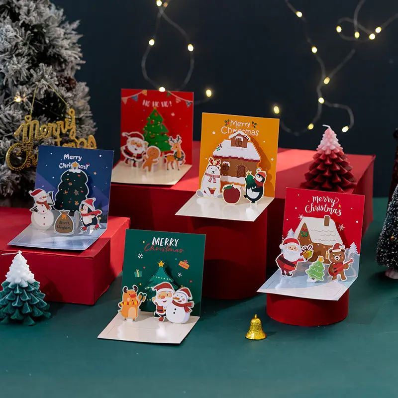 OEMクリスマス紙カードカスタム3Dポップアップクリスマスグリーティングカード封筒付きレーザーカット紙カードクリスマス明けましておめでとうございます