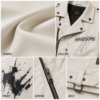 Veste de motard pour homme ODM en cuir PU, fermeture éclair asymétrique, revers cranté, imprimé abstrait, épaulettes, poches zippées, veste streetwear