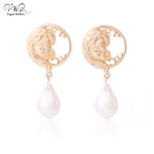 V & R regalo plata <span class=keywords><strong>de</strong></span> la placa <span class=keywords><strong>de</strong></span> oro figura cara aros pendientes <span class=keywords><strong>de</strong></span> perlas <span class=keywords><strong>de</strong></span> agua dulce pendientes <span class=keywords><strong>de</strong></span> gota para las mujeres - Product Image 1