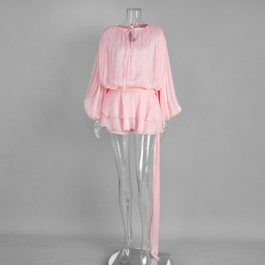 Vestido de Verano para Mujer, de Alta Calidad, Nuevo, de Gasa, Dulce, de <span class=keywords><strong>Manga</strong></span> <span class=keywords><strong>Larga</strong></span>, con Cuello en V, <span class=keywords><strong>Manga</strong></span> Farol, con Cordones, Corto, con Volantes en el Bajo - Product Image 5