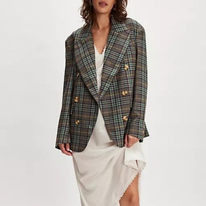 Blazer a Cuadros Cruzado Extra Grande para Mujer, Prenda Exterior Moderna y Versátil, Nueva y en Oferta - Product Image 1