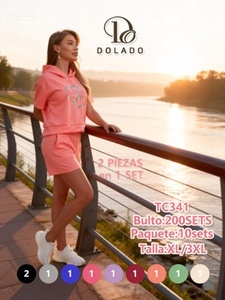 Tc341 Set di pantaloncini casual con cappuccio da donna, in poliestere leggero, tinta unita, stampa logo frontale, elastico in vita, tasche laterali, abbigliamento estivo - Product Image 3