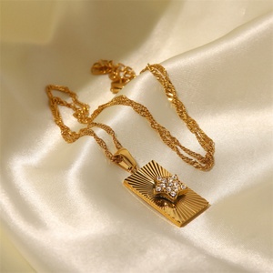 Collier vintage en cristal bleu œil-de-tigre, plaqué or 18 carats, en acier inoxydable, avec pendentif rectangulaire pour femme - Product Image 2