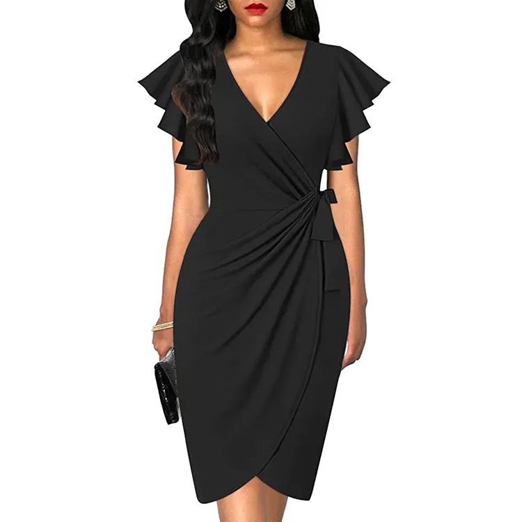 Womens Deep V Neck Ruffle Sleeve knee length dress Casual Cocktail Party Work Wrap Dress