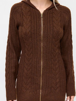 Robe pull moulante marron à manches longues en maille torsadée avec capuche et fermeture éclair pour femme, vente en gros, fabricant