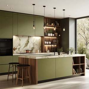 Ensemble de meubles de cuisine RTA de luxe sur mesure, armoire complète, îlot, finition mate PET, acier inoxydable, granit pour appartements - Product Image 3