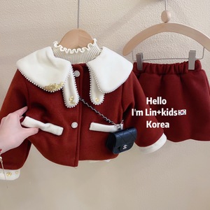 Girls Sweet Thick Peter Pan Collar Jacket And Skirt Set 2025 Winter Cotton Padded Red For Kids - Product Image 1