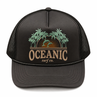 Casquette Trucker Vintage Oceanic Surf Co pour Hommes et Femmes, Noire, en Maille Respirante, Imperméable, avec Perle, Motif Palmier de Plage