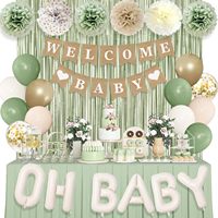 Décoration de fête prénatale vert sauge, ballons verts avec bannière WELCOME BABY, rideaux à franges, ballons en aluminium, fleurs en papier pour fête prénatale