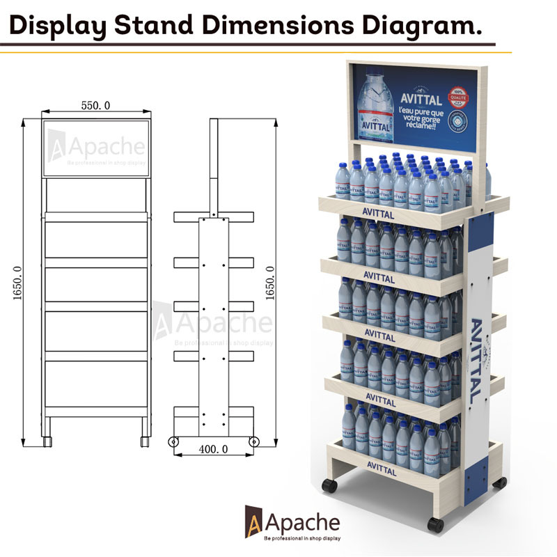Apache Custom Floor 5-Tier Wood Mineral Water Display Stand for Supermarket — view 2