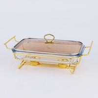 QY 1.5L 2L 3L Réchaud de buffet rectangulaire en verre avec cadre en acier inoxydable doré pour la restauration hôtelière