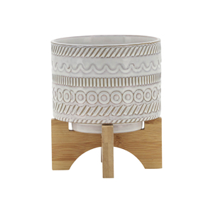 Vaso in ceramica goffrata con supporto in legno, piccolo vaso rialzato per decorazioni domestiche, da tavolo, ingresso, giardino - Product Image 2