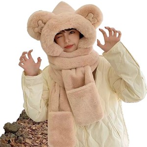 Ensemble trois pièces d'hiver pour femmes, écharpe à capuche en peluche, gants, cache-oreilles, cache-cou, beige, kaki, rose, gris, taille adulte 54-56CM - Product Image 5
