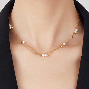 Vintage Waterproof 316l Stainless Steel Custom 18k Gold Plated Double layer <b>Pearl</b> Necklace Bracelet <b>Set</b> <b>Jewelry</b> <b>Sets</b> for Women - Product Image 2