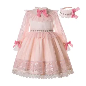 Pettigirl EID Holiday Fancy Dress for Girls Pink Long Sleeve Sequin Big Girl Holiday Dresses Boutique Knee-Length 1BAG=1PCS