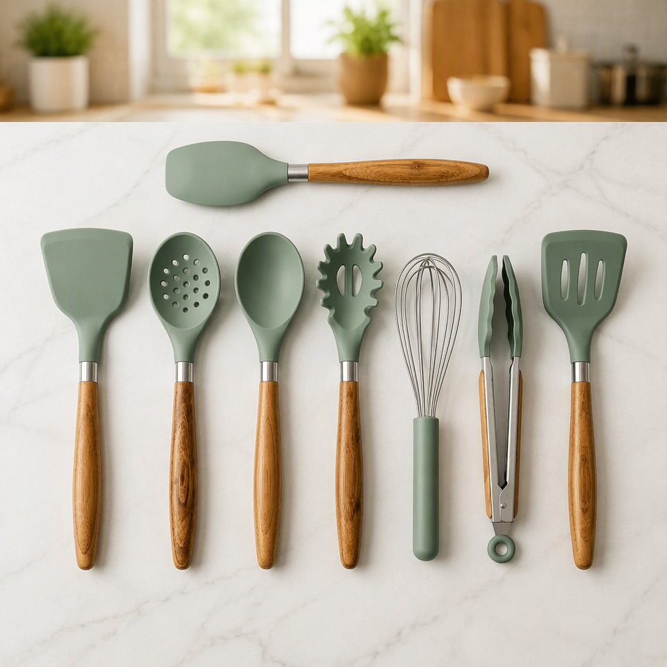 8 Pcs Silicone Kitchen Utensil Set Acacia Wood Handle Heat Resistant ...