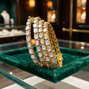 Traditional Indian 18K <b>Gold</b> Plated Polki <b>Bangle</b> Bracelet <b>Set</b> Oval Cut Stones Bezel Setting Jewellery For Women- 4 pieces - Product Image 3