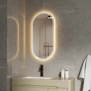 Touch screen backlit iluminado iluminado fábrica alumínio villa hotel inteligente sem moldura oval banheiro vaidade levou espelho