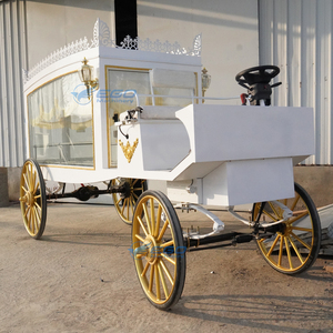 Charrette funéraire à quatre roues de haute qualité, blanche, électrique/à chevaux, avec roues dorées, personnalisable - Product Image 5