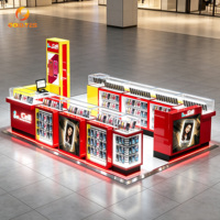 Kiosque de vente au détail de téléphones OEM personnalisé, rouge et jaune, avec comptoir de caisse et enseigne lumineuse