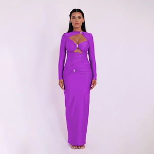 Robe de soirée à col croisé, manches longues, ajourée, couleur unie, coupe ajustée, respirante, robe tendance pour femmes - Product Image 3
