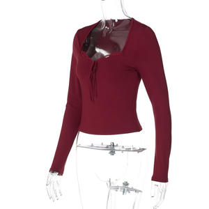 T-Shirt a Maniche Lunghe da <span class=keywords><strong>Donna</strong></span> in Tinta Unita <span class=keywords><strong>Bordeaux</strong></span>, <span class=keywords><strong>Blusa</strong></span> Elegante, Abbigliamento Femminile - Product Image 2