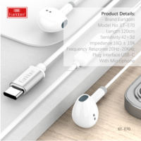 Earldom Wired Type-C Earphone USB C 1.2M In-Ear Bass Earbuds Headphones dengan Mic untuk Samsung Xiaomi
