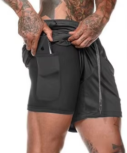 Shorts de sport pour homme de haute qualité 2 en 1 à double étage, taille mi-haute, style décontracté, shorts de course solides, écologiques, avec poches - Product Image 6