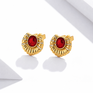 Boucles d'oreilles clous Red Sunburst en acier inoxydable plaqué or 14K sous vide avec zircon cubique, boucles d'oreilles statement - Product Image 1