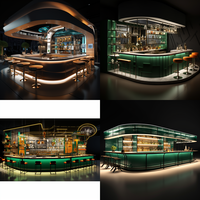 Comptoir de bar incurvé moderne avec éclairage LED et étagères arrière pour café et bar à cocktails - Conception personnalisée