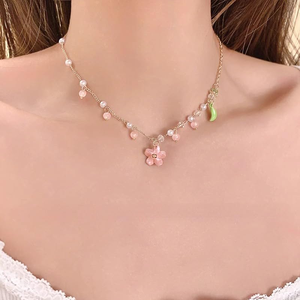 Kalung mutiara untuk wanita bunga aster hijau dicat bunga rumbai jimat bunga merah muda perhiasan pernikahan liontin - Product Image 5